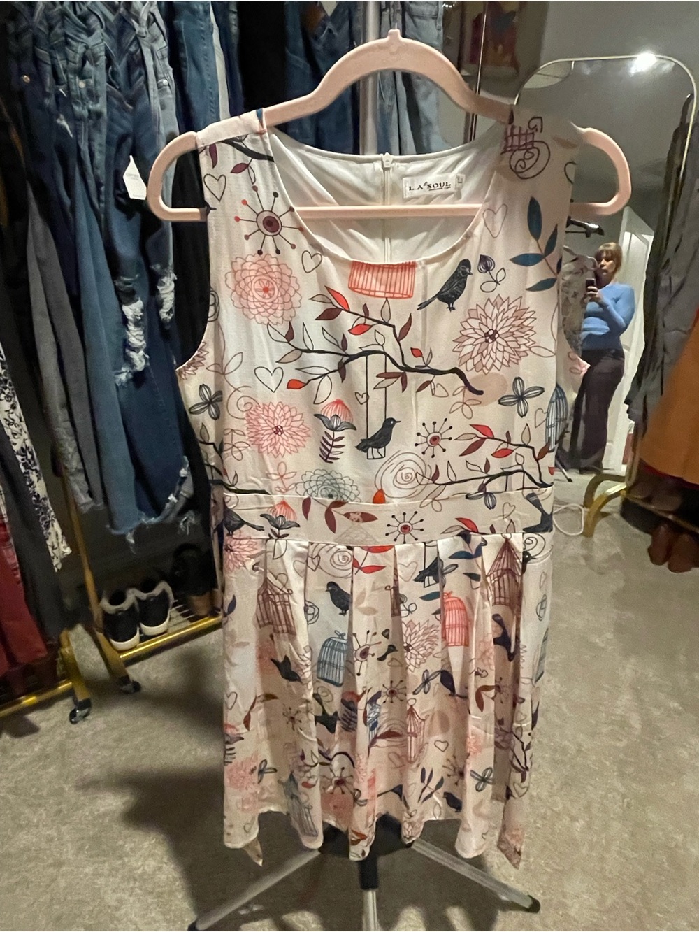 La Soul Floral & Bird Print Sleeveless Mini Dress in Cream